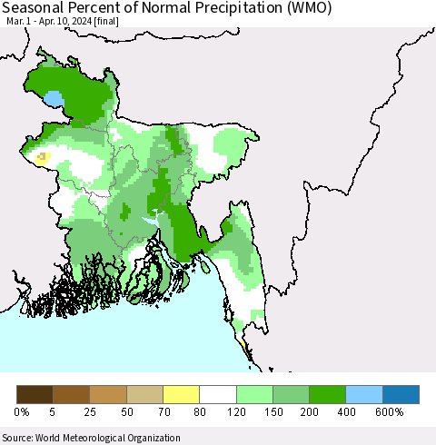 Bangladesh Seasonal Percent of Normal Precipitation (WMO) Thematic Map For 3/1/2024 - 4/10/2024