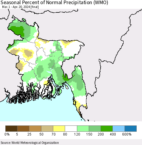 Bangladesh Seasonal Percent of Normal Precipitation (WMO) Thematic Map For 3/1/2024 - 4/20/2024