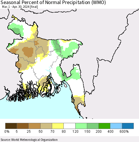 Bangladesh Seasonal Percent of Normal Precipitation (WMO) Thematic Map For 3/1/2024 - 4/30/2024