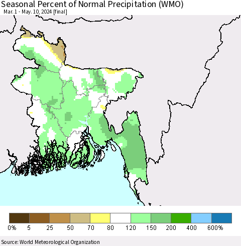 Bangladesh Seasonal Percent of Normal Precipitation (WMO) Thematic Map For 3/1/2024 - 5/10/2024