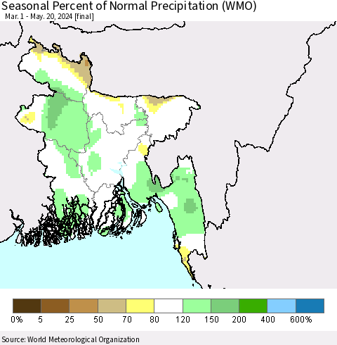 Bangladesh Seasonal Percent of Normal Precipitation (WMO) Thematic Map For 3/1/2024 - 5/20/2024