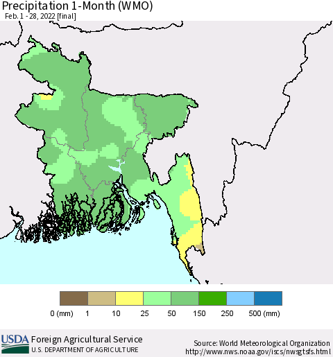 Bangladesh Precipitation 1-Month (WMO) Thematic Map For 2/1/2022 - 2/28/2022