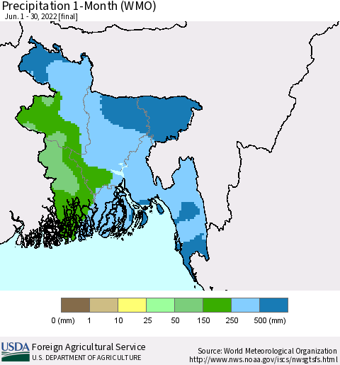 Bangladesh Precipitation 1-Month (WMO) Thematic Map For 6/1/2022 - 6/30/2022