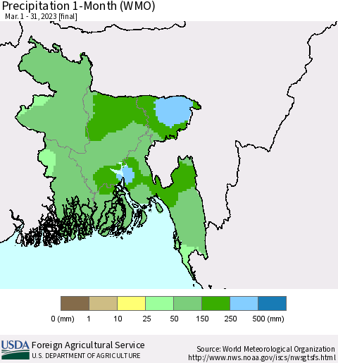 Bangladesh Precipitation 1-Month (WMO) Thematic Map For 3/1/2023 - 3/31/2023