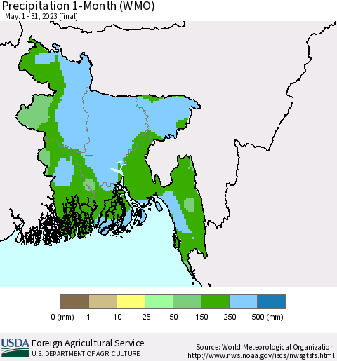 Bangladesh Precipitation 1-Month (WMO) Thematic Map For 5/1/2023 - 5/31/2023