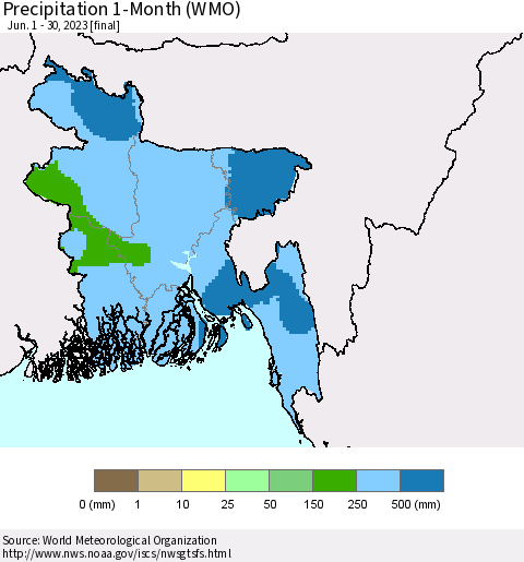 Bangladesh Precipitation 1-Month (WMO) Thematic Map For 6/1/2023 - 6/30/2023