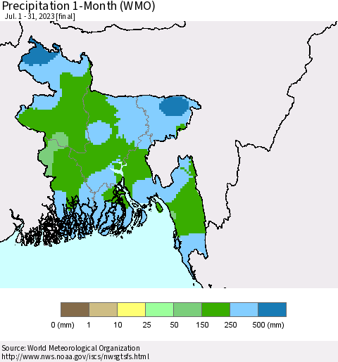 Bangladesh Precipitation 1-Month (WMO) Thematic Map For 7/1/2023 - 7/31/2023