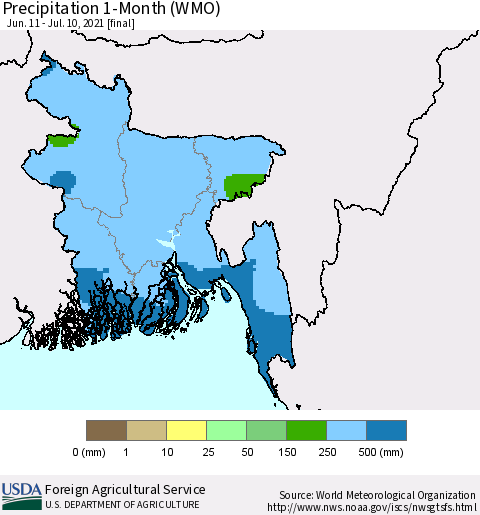 Bangladesh Precipitation 1-Month (WMO) Thematic Map For 6/11/2021 - 7/10/2021