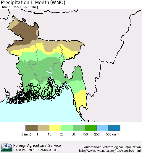 Bangladesh Precipitation 1-Month (WMO) Thematic Map For 11/6/2021 - 12/5/2021