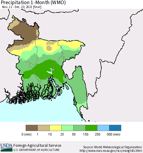 Bangladesh Precipitation 1-Month (WMO) Thematic Map For 11/11/2021 - 12/10/2021