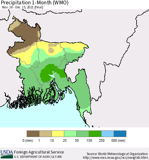 Bangladesh Precipitation 1-Month (WMO) Thematic Map For 11/16/2021 - 12/15/2021