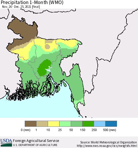 Bangladesh Precipitation 1-Month (WMO) Thematic Map For 11/26/2021 - 12/25/2021