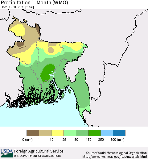 Bangladesh Precipitation 1-Month (WMO) Thematic Map For 12/1/2021 - 12/31/2021