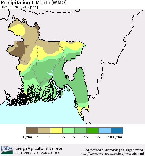 Bangladesh Precipitation 1-Month (WMO) Thematic Map For 12/6/2021 - 1/5/2022