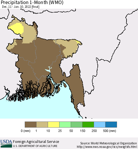 Bangladesh Precipitation 1-Month (WMO) Thematic Map For 12/11/2021 - 1/10/2022