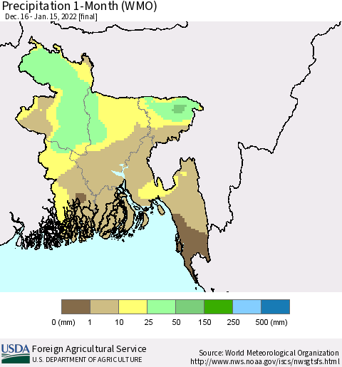 Bangladesh Precipitation 1-Month (WMO) Thematic Map For 12/16/2021 - 1/15/2022