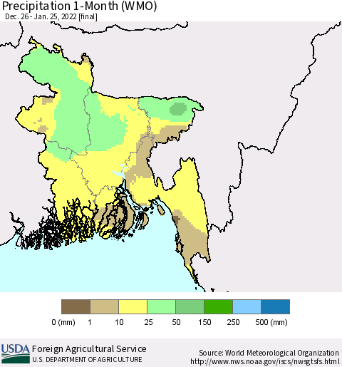 Bangladesh Precipitation 1-Month (WMO) Thematic Map For 12/26/2021 - 1/25/2022