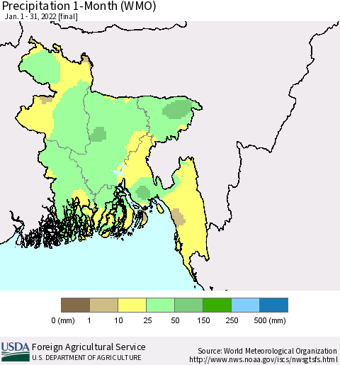Bangladesh Precipitation 1-Month (WMO) Thematic Map For 1/1/2022 - 1/31/2022