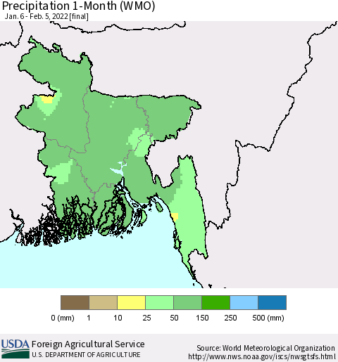Bangladesh Precipitation 1-Month (WMO) Thematic Map For 1/6/2022 - 2/5/2022