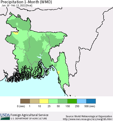 Bangladesh Precipitation 1-Month (WMO) Thematic Map For 1/16/2022 - 2/15/2022