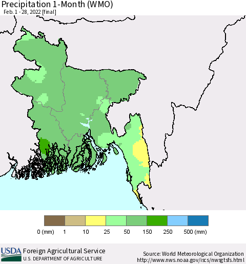 Bangladesh Precipitation 1-Month (WMO) Thematic Map For 2/1/2022 - 2/28/2022