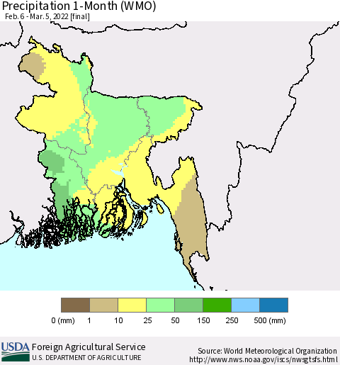 Bangladesh Precipitation 1-Month (WMO) Thematic Map For 2/6/2022 - 3/5/2022