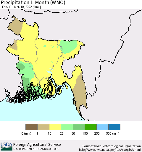 Bangladesh Precipitation 1-Month (WMO) Thematic Map For 2/11/2022 - 3/10/2022