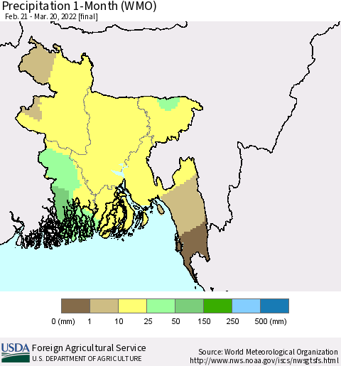 Bangladesh Precipitation 1-Month (WMO) Thematic Map For 2/21/2022 - 3/20/2022