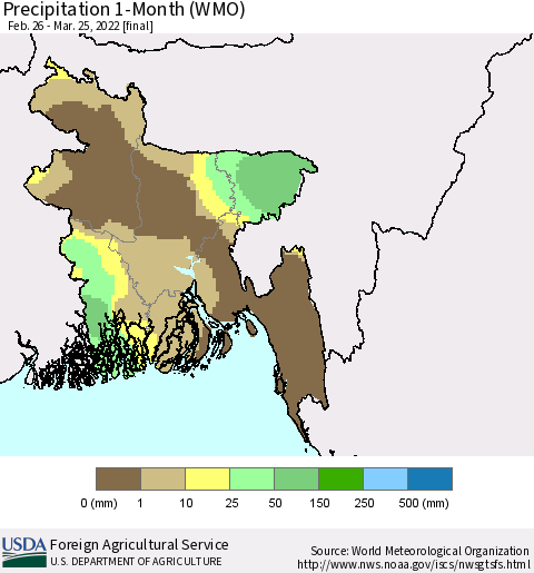 Bangladesh Precipitation 1-Month (WMO) Thematic Map For 2/26/2022 - 3/25/2022