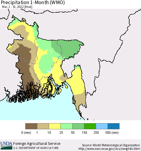 Bangladesh Precipitation 1-Month (WMO) Thematic Map For 3/1/2022 - 3/31/2022