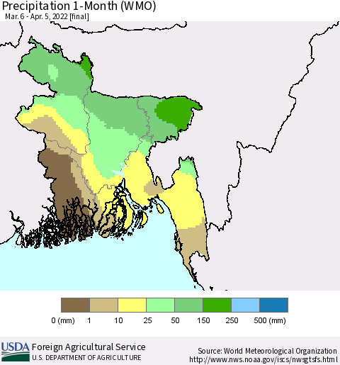 Bangladesh Precipitation 1-Month (WMO) Thematic Map For 3/6/2022 - 4/5/2022