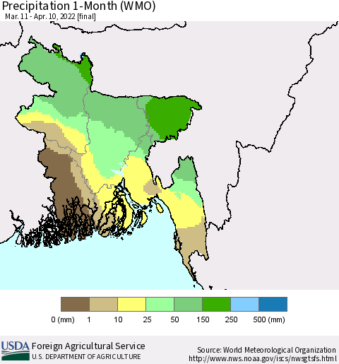 Bangladesh Precipitation 1-Month (WMO) Thematic Map For 3/11/2022 - 4/10/2022