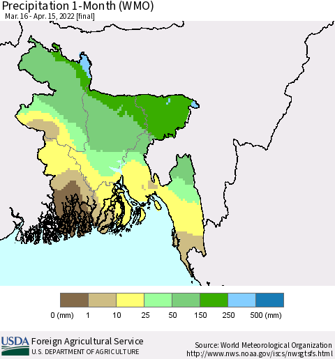 Bangladesh Precipitation 1-Month (WMO) Thematic Map For 3/16/2022 - 4/15/2022