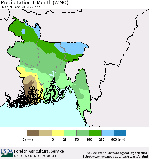Bangladesh Precipitation 1-Month (WMO) Thematic Map For 3/21/2022 - 4/20/2022