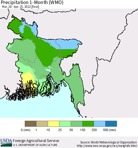 Bangladesh Precipitation 1-Month (WMO) Thematic Map For 3/26/2022 - 4/25/2022
