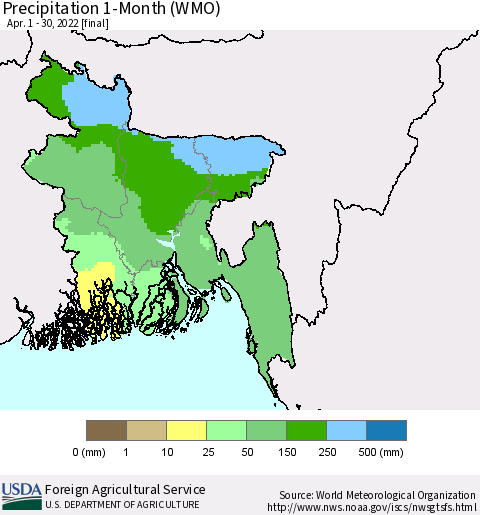 Bangladesh Precipitation 1-Month (WMO) Thematic Map For 4/1/2022 - 4/30/2022