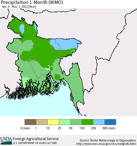 Bangladesh Precipitation 1-Month (WMO) Thematic Map For 4/6/2022 - 5/5/2022