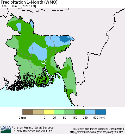Bangladesh Precipitation 1-Month (WMO) Thematic Map For 4/11/2022 - 5/10/2022