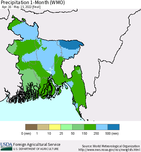 Bangladesh Precipitation 1-Month (WMO) Thematic Map For 4/16/2022 - 5/15/2022