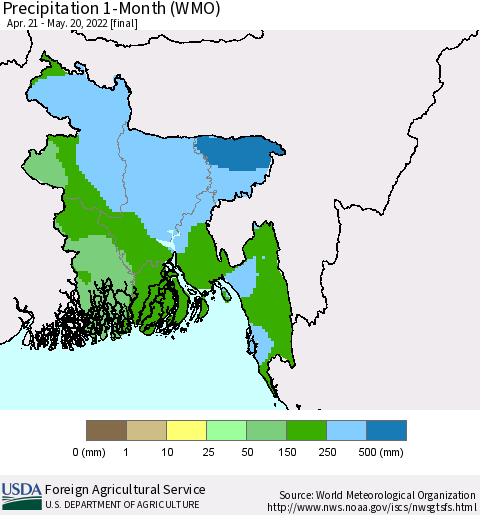 Bangladesh Precipitation 1-Month (WMO) Thematic Map For 4/21/2022 - 5/20/2022