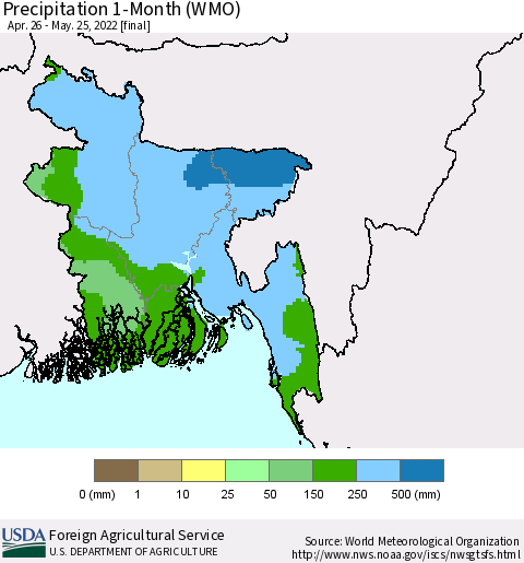 Bangladesh Precipitation 1-Month (WMO) Thematic Map For 4/26/2022 - 5/25/2022