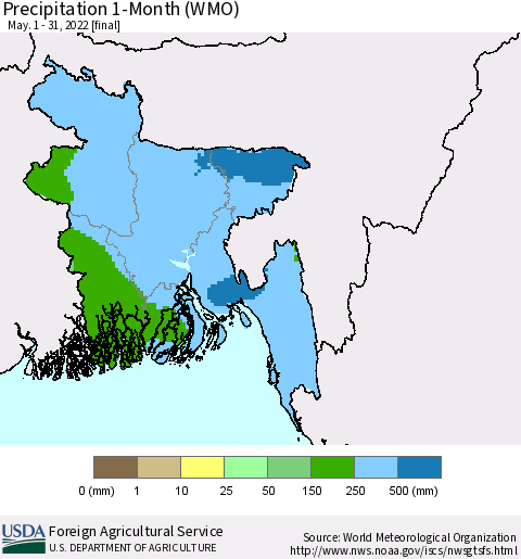 Bangladesh Precipitation 1-Month (WMO) Thematic Map For 5/1/2022 - 5/31/2022