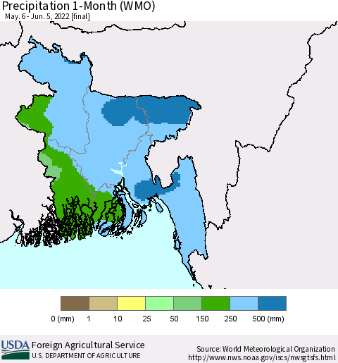 Bangladesh Precipitation 1-Month (WMO) Thematic Map For 5/6/2022 - 6/5/2022