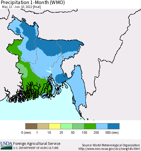 Bangladesh Precipitation 1-Month (WMO) Thematic Map For 5/11/2022 - 6/10/2022