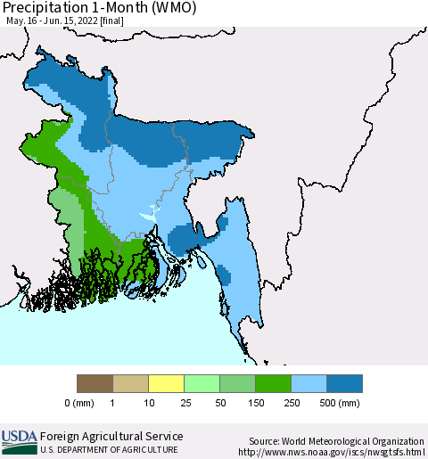 Bangladesh Precipitation 1-Month (WMO) Thematic Map For 5/16/2022 - 6/15/2022