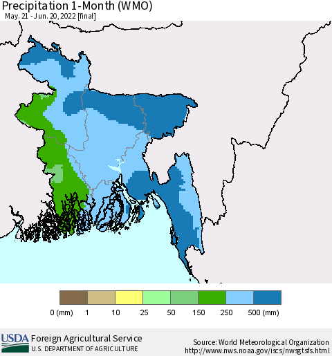 Bangladesh Precipitation 1-Month (WMO) Thematic Map For 5/21/2022 - 6/20/2022