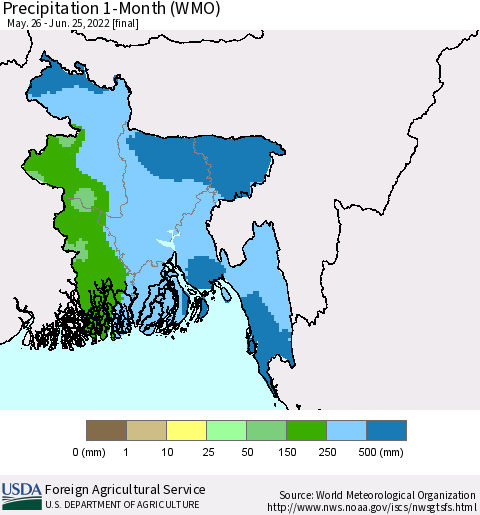 Bangladesh Precipitation 1-Month (WMO) Thematic Map For 5/26/2022 - 6/25/2022