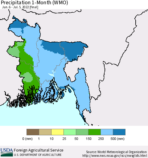 Bangladesh Precipitation 1-Month (WMO) Thematic Map For 6/6/2022 - 7/5/2022