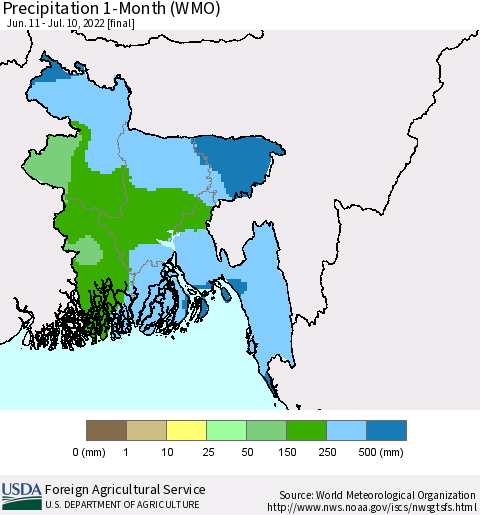 Bangladesh Precipitation 1-Month (WMO) Thematic Map For 6/11/2022 - 7/10/2022