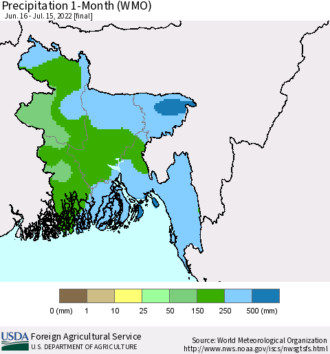 Bangladesh Precipitation 1-Month (WMO) Thematic Map For 6/16/2022 - 7/15/2022